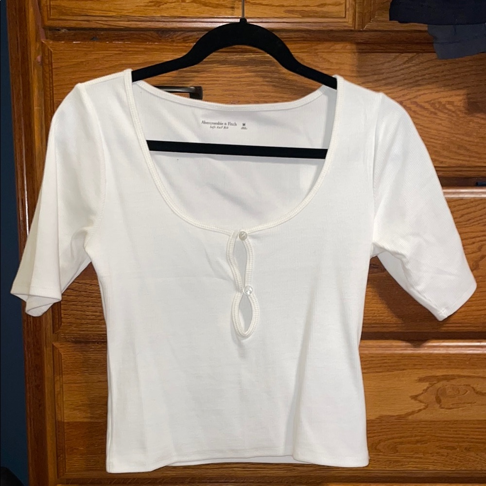 White Scoop Neck Top with peep hole buttons